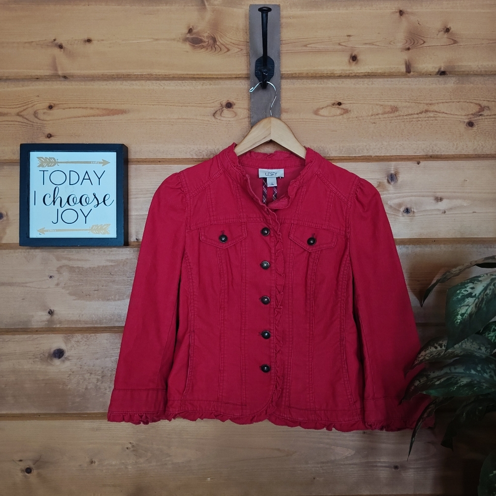 Ann Taylor LOFT Jacket Red Corduroy Trucker Stretch Ruffle Cropped Blazer Size 4